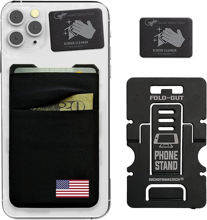 Double Pocket Adhesive Card Holder - Cell Phone Pouch - Stick on Spandex Pocket by Gecko - Carry Credit Cards and Cash - Phone Wallet – (USA FLAG)
