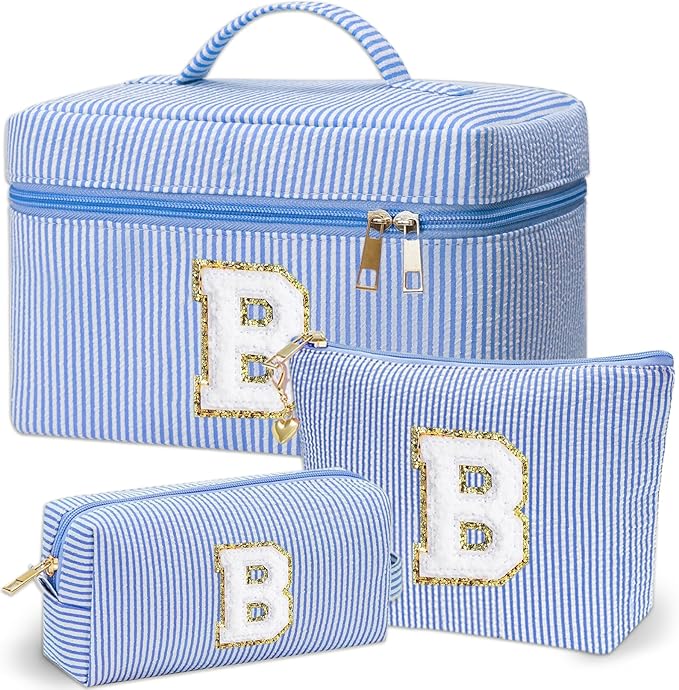 Personalized Monogram Makeup Bag, 3PCS Custom Monogrammed Toiletry Cosmetic Bag for 6-18 teen girls women,Birthday Graduation Gifts initial pouch makeup bags for women girls, make up bag (B, Blue)