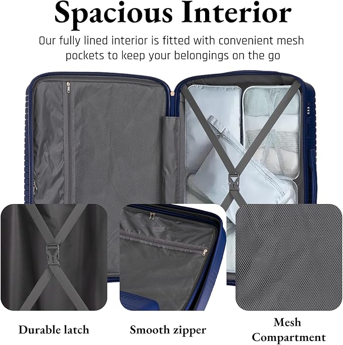 3-Piece PP Hard Shell Spinner Luggage Set (20" 24" 28") with Combination Lock, Adjustable Pull Rod Suitcases, Blue