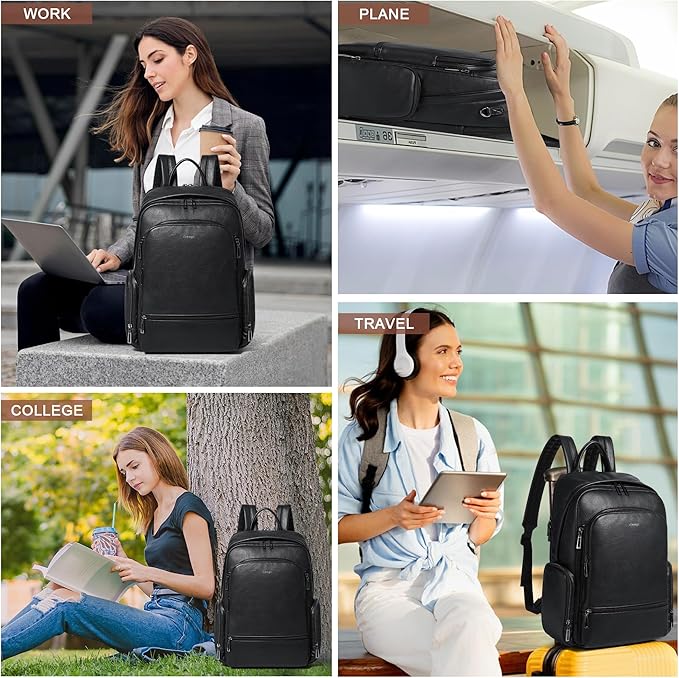 Leather Backpack for Women, Fits 15.6 Inch Laptop, Soft Vegan Leather Backpack for Travel and Daily Use, Black
