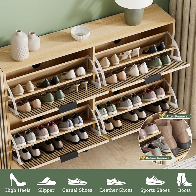 Shoe Cabinet Storage with 4 Flip Drawers, Narrow Hidden Shoe Organizer Cabinet for Entryway, Modern Freestanding Slim Shoe Rack Organizer Shoe Cupboard for Hallway, Natural Wood