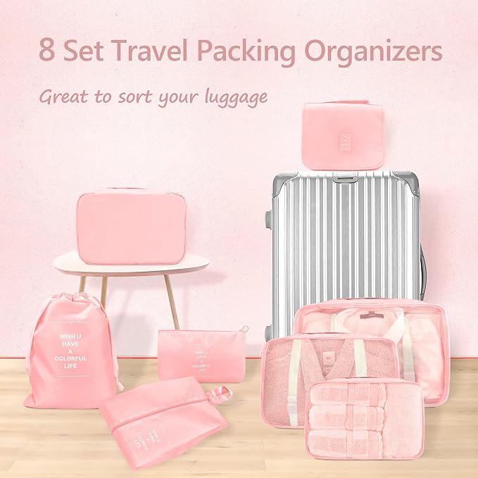 8 Set Packing Cubes, Travel Luggage Packing Organizers (PINK)
