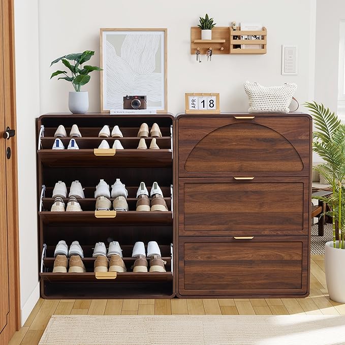 Hidden Shoe Cabinet with Drawer, Free Standing Narrow Shoe Rack Cabinet for Entryway Slim, 3 Flip Drawer Shoe Storage Organizer Cabinet for Entry,Hallway,Door,Dorm,Small Spaces - Walnut