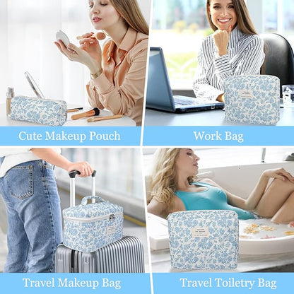 3PC Makeup Bag Set, Quilted Makeup Bag Set, Large Floral Cosmetic Bag for Women, Cute Cotton Makeup Bags, Flower Travel Toiletry Organizer Bag (White Pink Bow Tie)