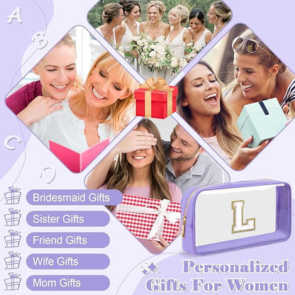 Personalized Initial Letter Clear Makeup Bag,Preppy Small Nylon&PVC Cosmetic Zipper Bag with Chenille Letter,Travel Skincare Toiletry Bag,Monogram Christmas Gift for Teen Girls Women,L