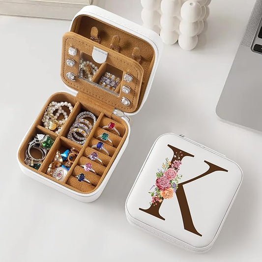Parima Christmas Stocking Stuffers Gifts for Teenage Girls Women- Travel Jewelry Case Organizer Initial Small Jewelry Box Custom Personalized A, Travel Essentials, Mothers Day Gift - Letter K, White