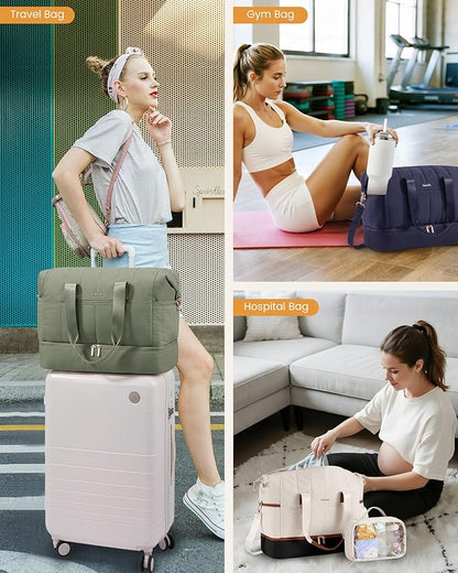 LOVEVOOK Travel Duffle Bag,Puffer Weekender Bags For Women with Shoe Compartment,42L Carry On Overnight Duffel Bag For Airplanes,Hospital Bag for Labor and Delivery,2Pcs Set