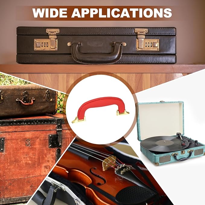 uxcell PU Leather Luggage Handle, 0.9" Hole Distance Vintage U-Shape Replacement Strap Handle for Travel Handbag Guitar Musical Box Gift Boxes, Red/Gold