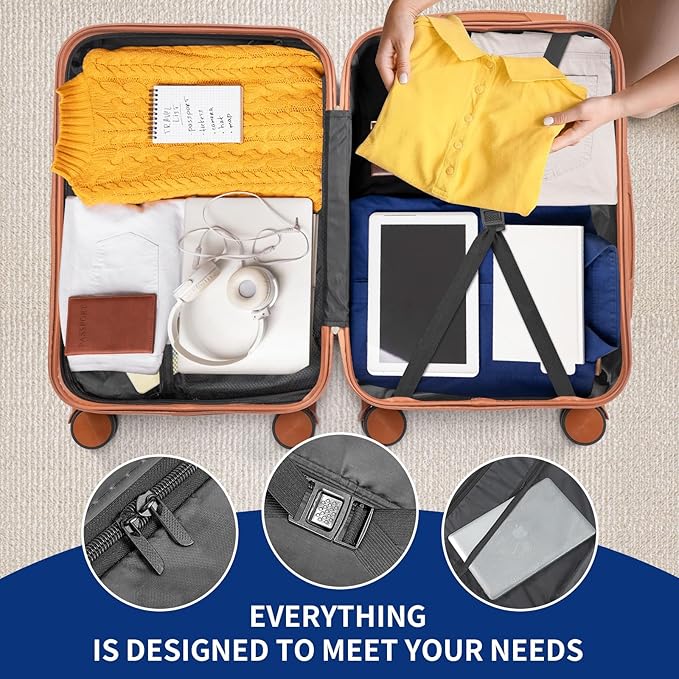 Karl home Luggage Sets 3 Piece, ABS Hardside Suitcase Set with Double Spinner Wheels & TSA Lock for Travel Business, 3-Piece Set (20/24/28), Navy Blue & Brown