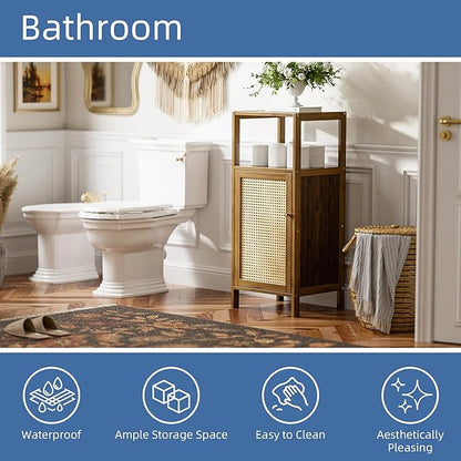 HITNET Rattan Bathroom Floor Cabinet, Bamboo Storage Cupboard with Single Door, Freestanding Small Living Room Sideboard, Space Saving Entryway Storage Unit, Walnut