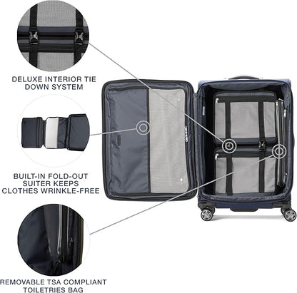 Travelpro Platinum Elite Softside Expandable Checked Luggage, 8 Wheel Spinner Suitcase, TSA Lock, Men and Women, Dark Blue, Checked Medium 25-Inch