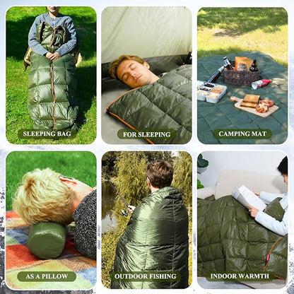 MOOX Down Camping Blanket Packable Backpacking Camping Quilt Outdoor Lightweight Warm Water Resistant Puffy Sleeping Bag Travel Hiking 55"x79" Waterproof Camp Throw Blanket, Green Orange