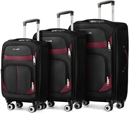 3-Piece Softside Expandable Luggage Set with Front Open Pocket,Lightweight Durable Suitcase Sets Double Spinner Wheels & w/LOCK（Black-Burgundy,20in/24in/28in）