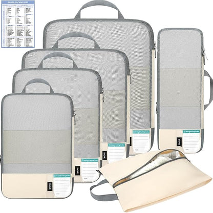 BAGAIL 6 Set Lightweight Compression Packing Cubes with Packing List, Anti-Tearing Expandable Organizer Bags for Travel, Beige