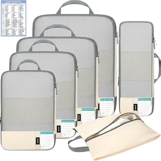 BAGAIL 6 Set Lightweight Compression Packing Cubes with Packing List, Anti-Tearing Expandable Organizer Bags for Travel, Beige