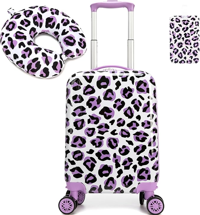 Kid's Luggage Set 2 Piece Suitcase Set Hardside Luggage with Spinner Wheels Girls Carry on Toddler Travel Rolling Suitcase with Neck Pillow Airline Approved