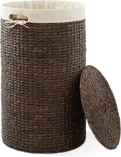 Casafield Round Laundry Hamper with Lid and Removable Liner Bag - Espresso Dark Brown, Woven Water Hyacinth Wicker Laundry Basket for Clothes, Towels