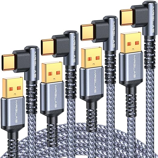 MRGLAS 3.2A USB C Charger Cable,[4-Pack, 6.6+6.6+6.6+6.6FT] USB A to USB C Right Angle Gold-Plated Type C Charger Fast Charging Durable Braided Cord for iPhone 16 15 Samsung S10 S9 Note 10 S21 LG-Grey