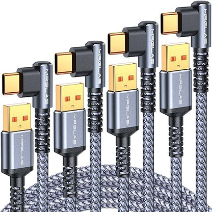 MRGLAS 3.2A USB C Charger Cable,[4-Pack, 6.6+6.6+6.6+6.6FT] USB A to USB C Right Angle Gold-Plated Type C Charger Fast Charging Durable Braided Cord for iPhone 16 15 Samsung S10 S9 Note 10 S21 LG-Grey