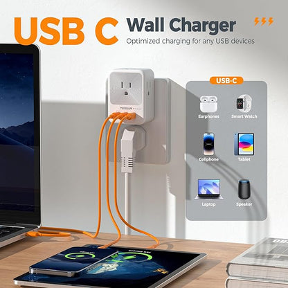 USB Multi Plug Outlet Splitter, TESSAN Surge Protector 4 Outlet Extender with 3 USB C Wall Charger Blocks, 3-Sided Multiple Plug Expander for Home Office Dorm Room Essentials