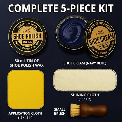 Eagle Shoe Shine Kit Navy Blue – 5-Piece Leather Shoe Polish & Cream Set with Brush & Cloths | Beeswax Waterproof Polish + Carnauba Wax Shoe Cream | Restore, Shine & Protect Dress Shoes & Boots