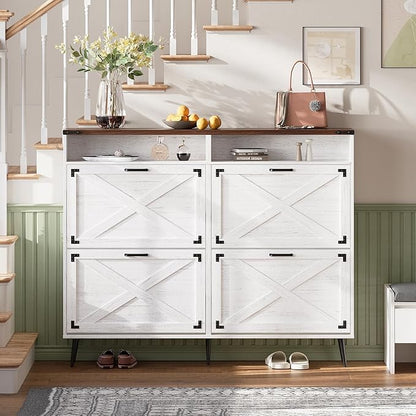 Shoe Storage Cabinet with 4 Flip Drawers Narrow Shoe Rack Cabinet Farmhouse Design Freestanding Shoe Organizer with Open Storage for Entryway,Hallway,Foyer,White Walnut