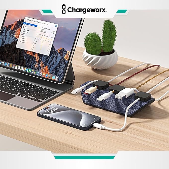 CHARGEWORX Magnetic Cable Organizer – 2 Pack- Weighted Non-Adhesive Cord Holder with 3 Magnetic Clips for USB-C, Lightning & MagSafe Cables – Desk, Office & Nightstand Cable Management