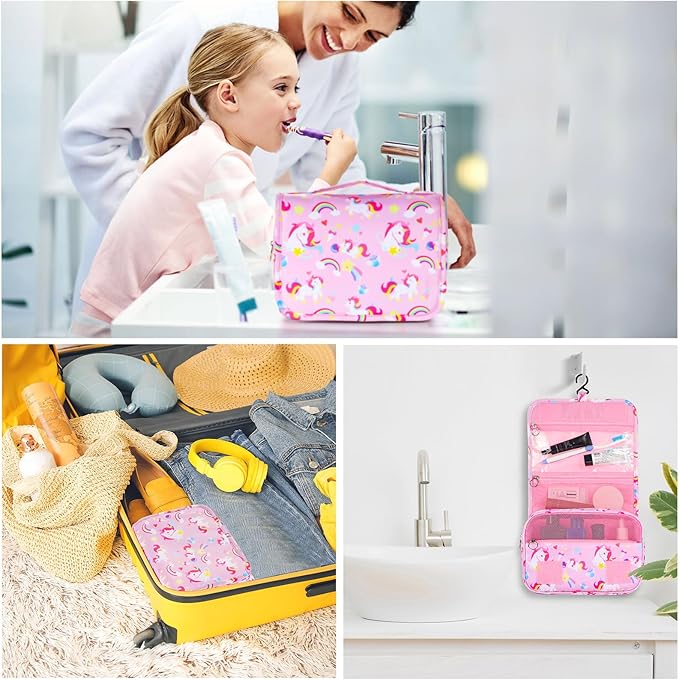 Kids Hanging Toiletry Bag for Girls, Travel Toiletry Bag for Little Young Girls Cosmetic Makeup Waterproof Wash Bag Toddler Traveling Toiletries, Unicorn Pink