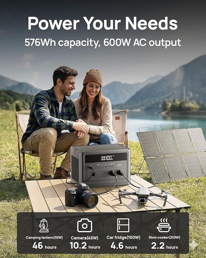 DaranEner Portable Power Station 600W with 100W Solar Panel, 576Wh LiFePO4 Solar Generator, 3 AC Outlets(1200W Surge), 100W USB-C PD, Fast Recharge for Camping, RV, Power Outage, Emergency Backup