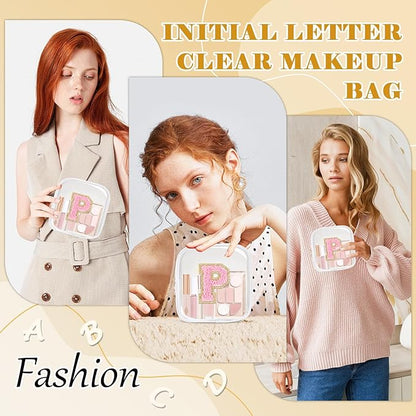 Personalized Initial Letter Clear Preppy Makeup Bag,Mini Nylon Chenille Letter Cosmetic Bag Cute Zipper Pouch Purse for Teen Girls,Portable TSA Approved Beach Travel Essentials Bag Gift for Women,P