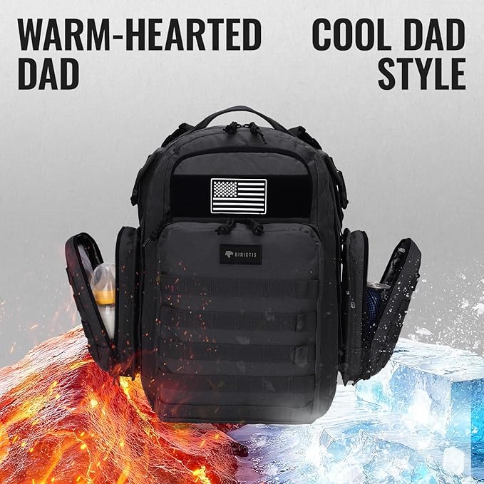 Dad Diaper Bag, Mens Diaper Bag Backpack with Diaper Changing Mat, Military Diaper Backpack with Molle Webbing, Waterproof Pouch, Baby Wipes pocket, Insulated Bottle Pockets- Tropical Black