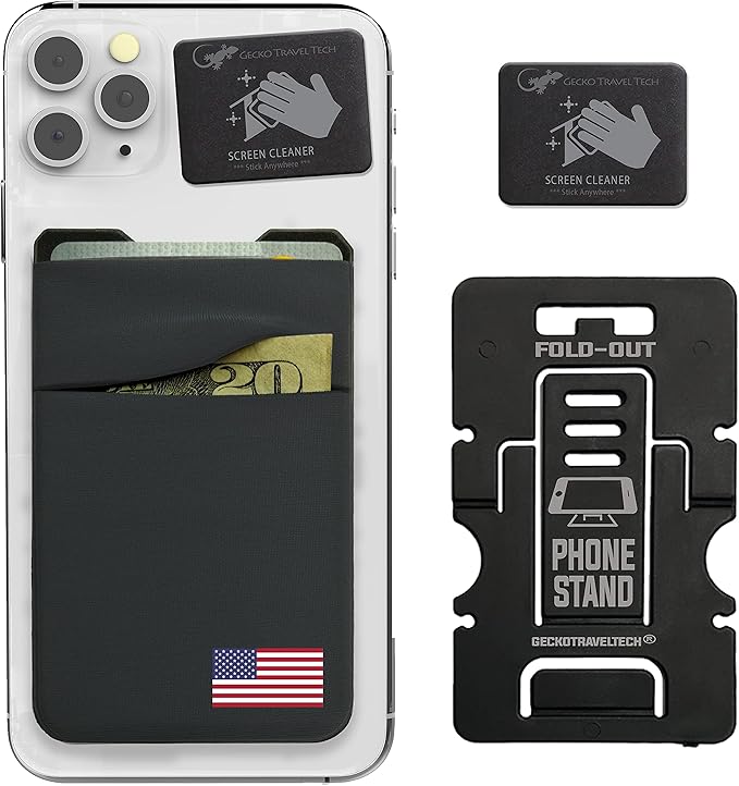 Gecko Travel Tech Double Pocket - Adhesive Card Holder - Cell Phone Pouch - Stick on Spandex Pocket - Carry Credit Cards and Cash (USA FLAG - GRAY)