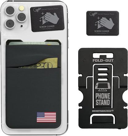 Gecko Travel Tech Double Pocket - Adhesive Card Holder - Cell Phone Pouch - Stick on Spandex Pocket - Carry Credit Cards and Cash (USA FLAG - GRAY)