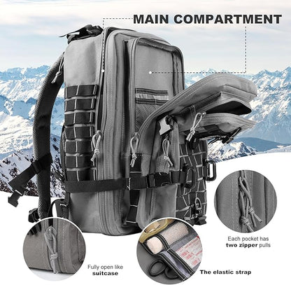 MOLLE Assault Backpack, Tactical Backpack Military Army Camping Rucksack, 3-Day Pack Trip w/USA Flag Patch, D-Rings Grey and Black