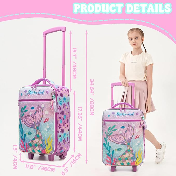 Kids Luggage Set with Wheels Girls Cute Mermaid Travel Softside Suitcases 16" Carry on Suitcase with Duffle Bag Girls Luggage Sets Airline Approved
