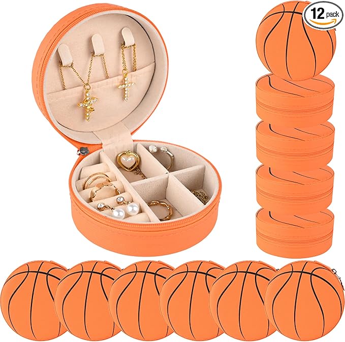 12 Packs Basketball Mini Travel Jewelry Case Round Basketball Stuff Small Portable PU Leather Jewelry Box Organizer Storage Case for Sports Team Club Lovers Birthday Goodie Favors Gifts