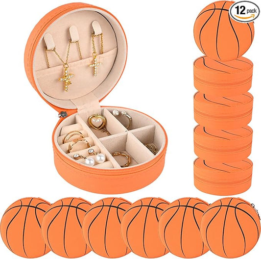 12 Packs Basketball Mini Travel Jewelry Case Round Basketball Stuff Small Portable PU Leather Jewelry Box Organizer Storage Case for Sports Team Club Lovers Birthday Goodie Favors Gifts