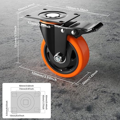 4 Inch Caster Wheels, Casters Set of 4, Heavy Duty Casters with Brake 2200 Lbs, Locking Industrial Swivel Top Plate Casters Wheels for Furniture and Workbench Cart(Two Hardware Kits Include)