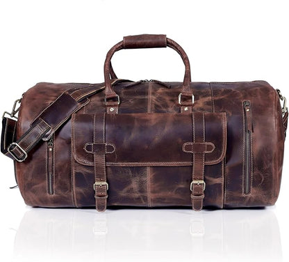 20 Inch Leather Duffel Bags for Men and Women Full Grain Leather Travel Overnight Weekend Bag Sports Gym Duffel for Men