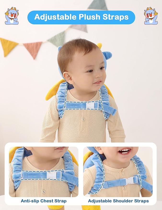 JunNeng Baby Head Protector Backpack, Toddler Walking Fall Head Protection, Blue Dinosaur