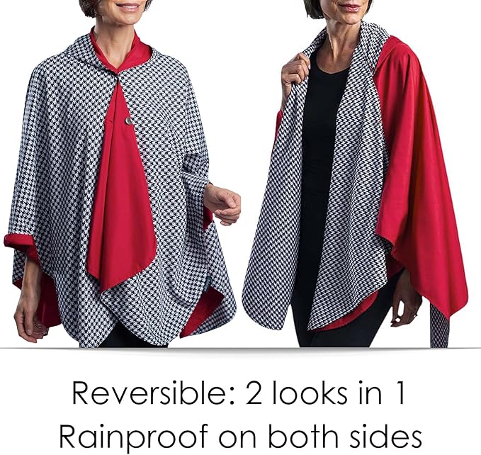 RainCaper Rain Poncho for Women - Reversible Rainproof Hooded Cape in Gorgeous Ultrasoft Colors (Crimson and B&W Houndstooth)