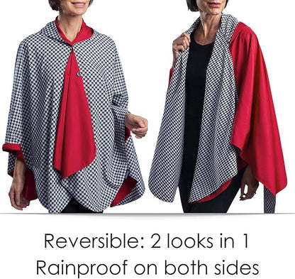 RainCaper Rain Poncho for Women - Reversible Rainproof Hooded Cape in Gorgeous Ultrasoft Colors (Crimson and B&W Houndstooth)