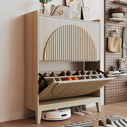 Shoe Cabinet with 2 Flip Drawers, Narrow Wooden Shoe Storage Cabinet for Entryway, Free-Standing Shoe Organizer with Rattan-Style Doors, Space-Saving Shoe Rack for Heels, Boots & Slippers(Wood Color)