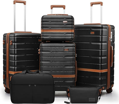 Luggage Sets, Suitcase with Spinner Wheels, PC+ABS Hardshell Travel Luggage Set with TSA Locks,Lightweight Rolling Luggage，Carry on suitcase with YKK Zippers (Black, 6 piece set(14/20/24/28/DB/TB))