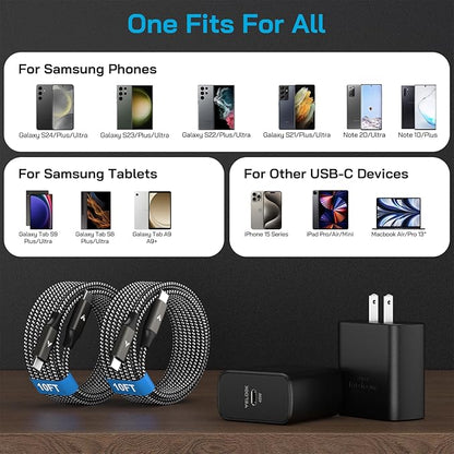 45W Super Fast Charger USB C, 45 Watt Type-C Android Phone Charger Fast Charging Block with 10FT Type C Cords for Samsung Galaxy S25 Ultra/S24 Ultra/S24+/S23 Ultra/S23+/S22 Plus/S20, Tab S9/S8 Ultra
