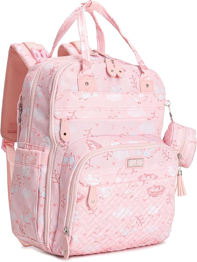 BabbleRoo Diaper Bag Backpack - Baby Essentials Travel Tote - Multi Function Water Resistant Diaper Bag, Travel Essentials Baby Bag with Changing Pad, Stroller Straps & Pacifier Case - Pink Birdy