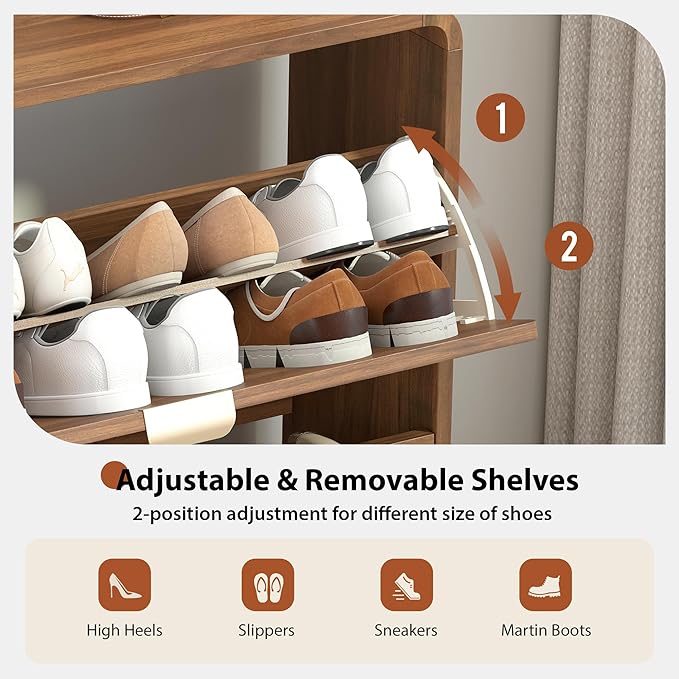 Mid-century Shoe Storage Cabinet with 2 Flip Drawer Arched Fluted Pattern, Farmhouse Slim Curved Corner Wood Shoe Cabinet, Hidden Narrow Shoe Organizer for Entryway,Living Room (Walnut,with Divider)