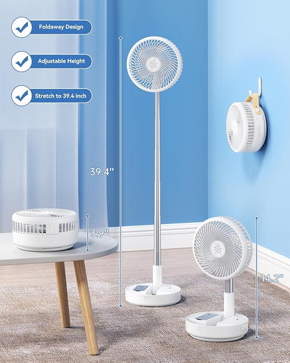 Portable Oscillating Travel Fan, 10400mAh Battery Operated Rechargeable USB Floor Table Desk Fan with Remote, 4 Speed Settings Pedestal Fan for Home Bedroom Office Camping, White,8"