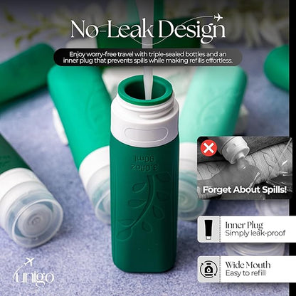 unigo Travel Bottles For Toiletries, TSA Approved Containers, Travel Size Toiletries, Shampoo and Conditioner Bottles, Leak Proof and Refillable Bottles, BPA Free, Extra Bottle Covers (Green)