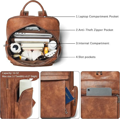 Shrrie Leather Laptop Backpack for Women with 17 inch Vegan Leather Computer Backpack Purse for Travel College Work